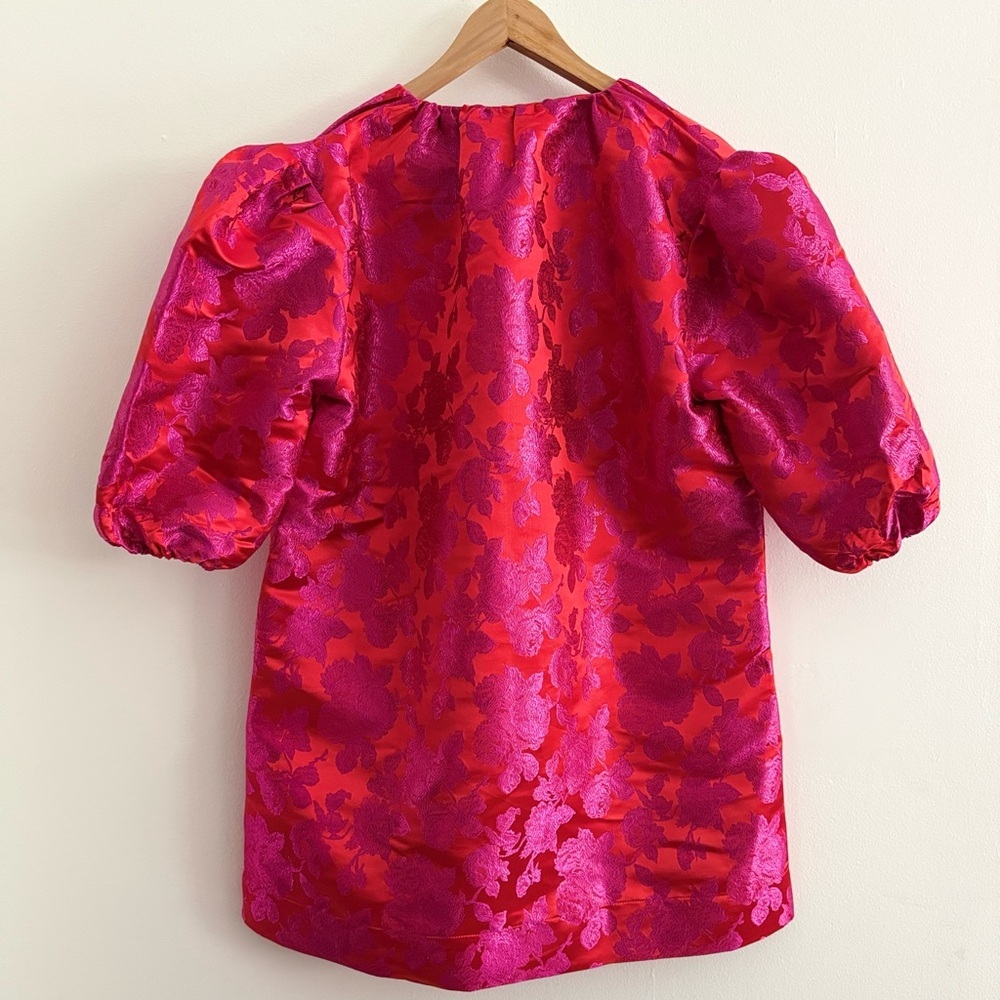 CARYN LAWN Asher Floral Jacquard Puff Sleeve Mini Dress Metallic Red Pink OS - Picture 13 of 15